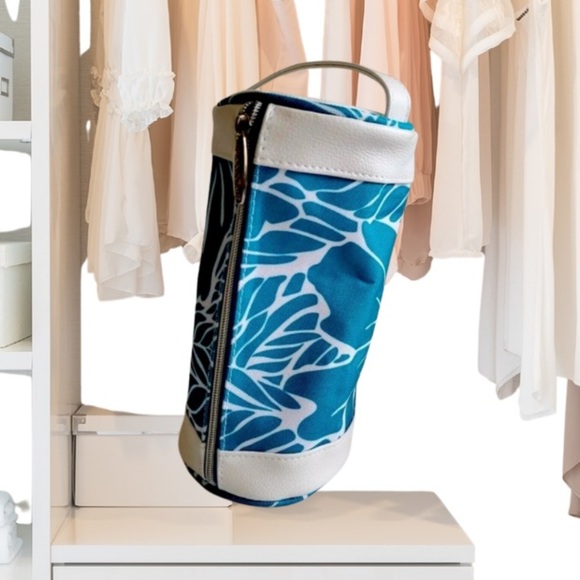 Lancome Round Makeup Bag Travel/Cosmetic Bag Case Small Teal & White Zip - Picture 4 of 4